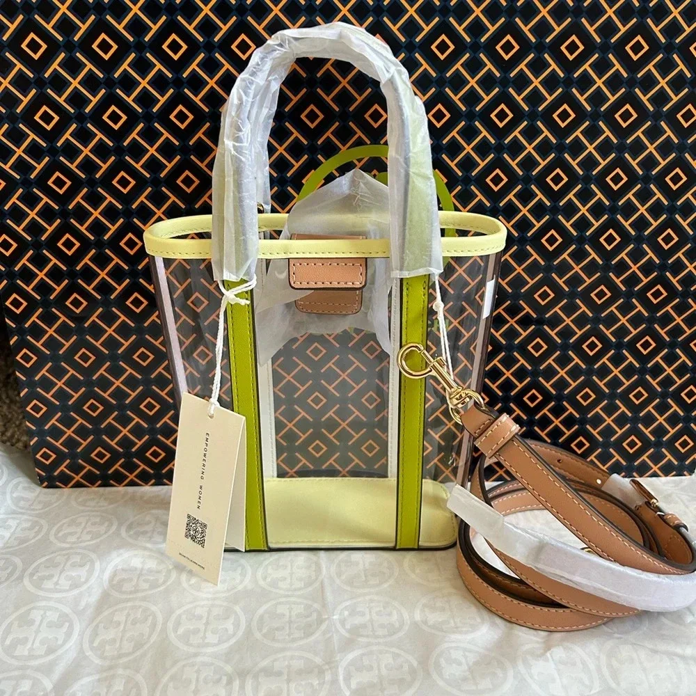 Tory Burch Clear Crossbody Bag with Lime Trim and Tan Strap